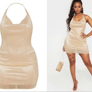 PLT Shape Gold Plisse Strappy Bodycon Dress